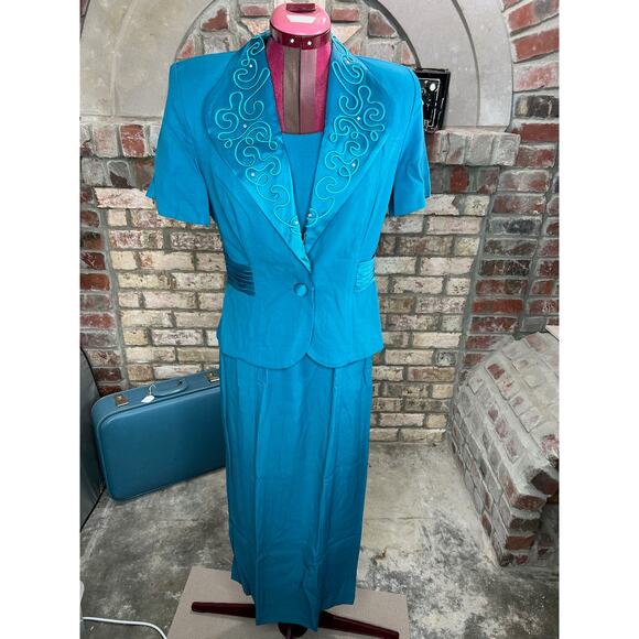sheath dress blazer jacket embroidered collar teal green blue - Picture 1 of 16